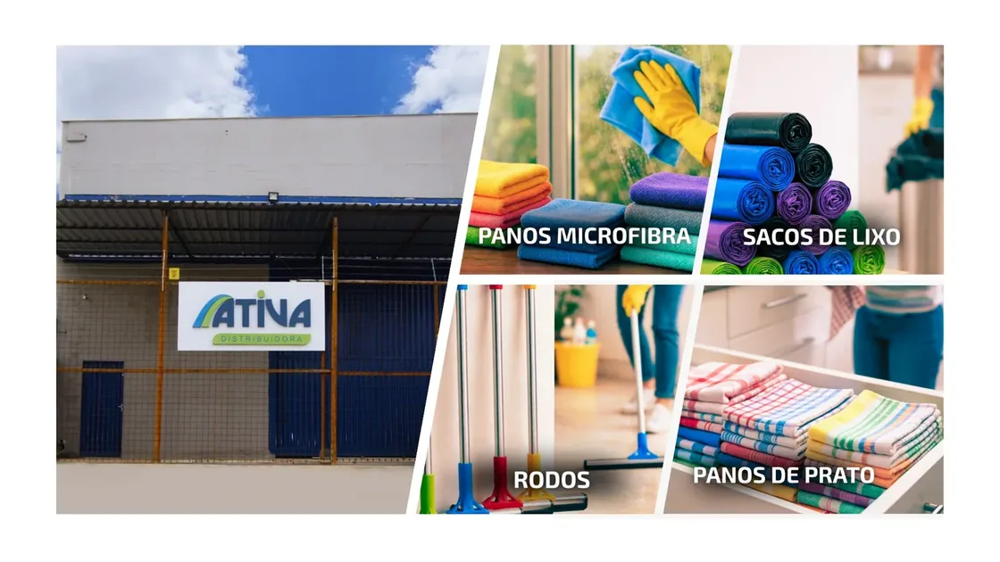 Fábrica da Ativa Têxtil em Aparecida de Goiânia e linha de produtos: panos de microfibra, sacos, rodos e panos de prato
